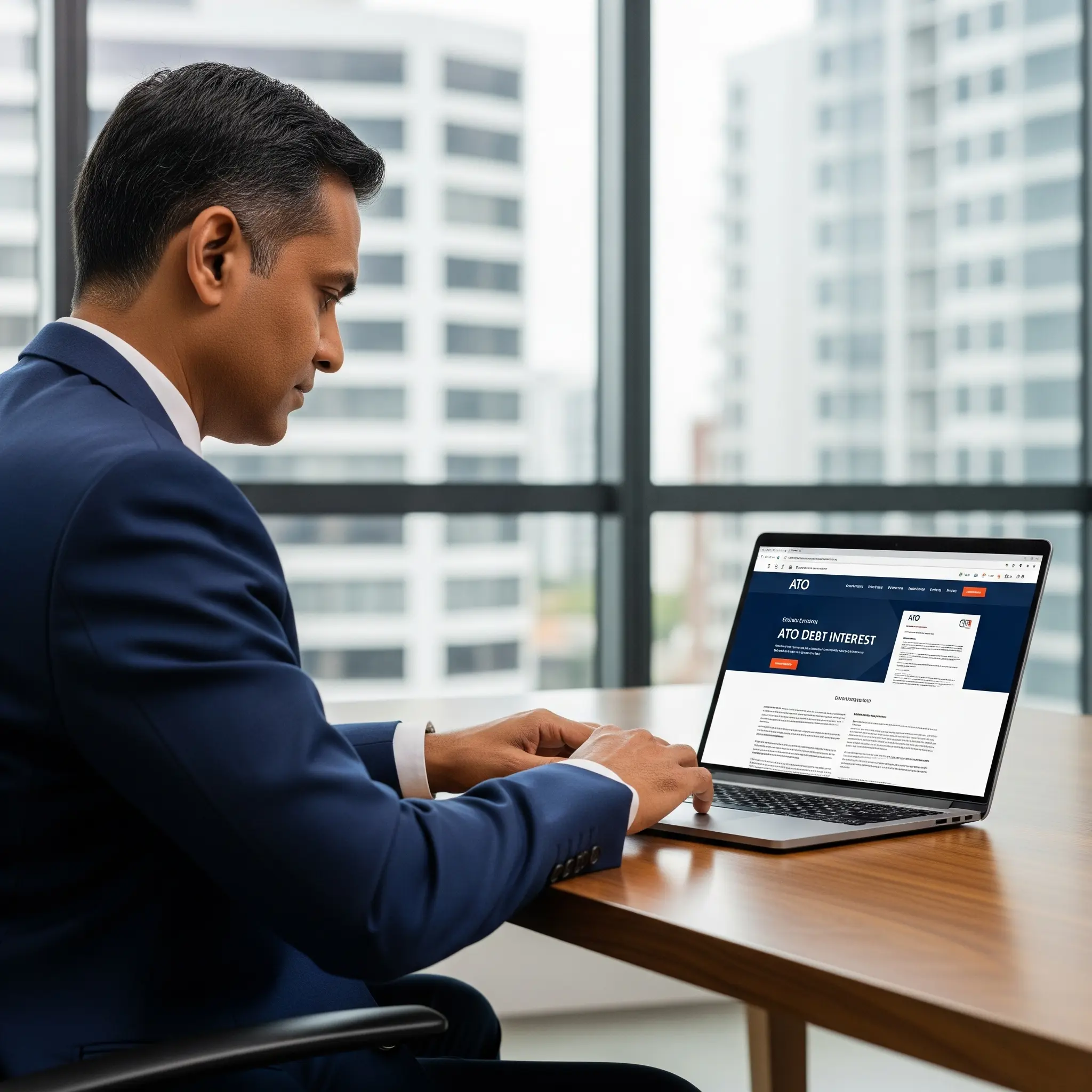 A business man sitting in his office reads the ATO website on his laptop to learn about ATO debt interest changes in 2025