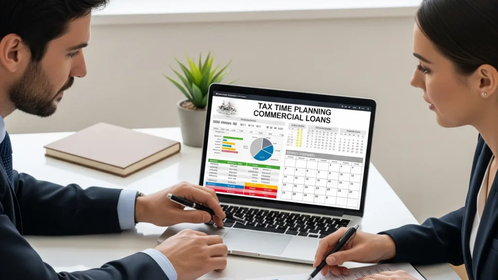 Two executive business colleagues are using a laptop to consider their enterprise and discussing commercial tax rates while sitting at a table in their office